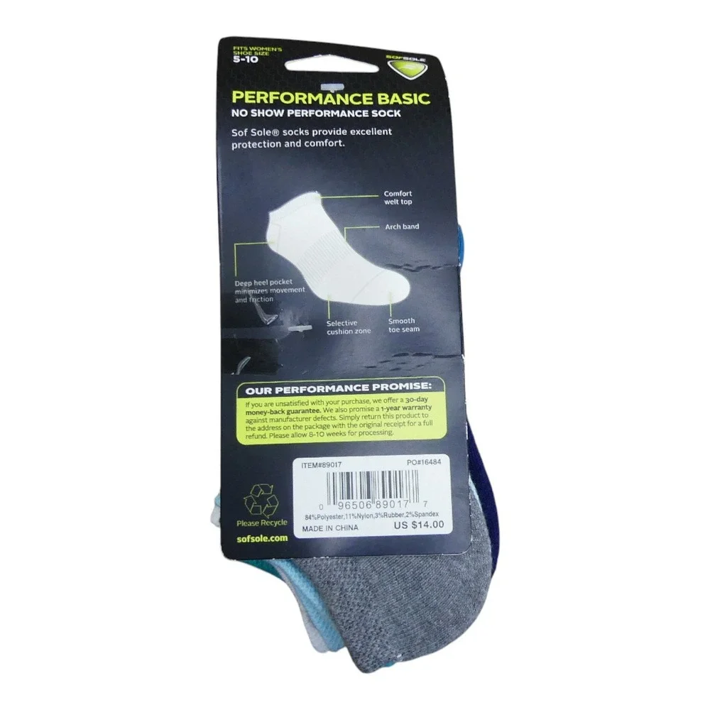 Sof Sole No Show Socks Womens 5-10 Blue Teal Grey 6 Pair NWT Performance Basic